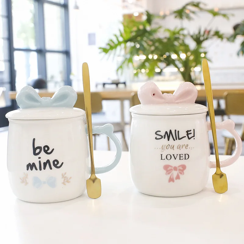 Розовая и синяя кружка с бантом милая керамическая принцессы кофейная крышкой
