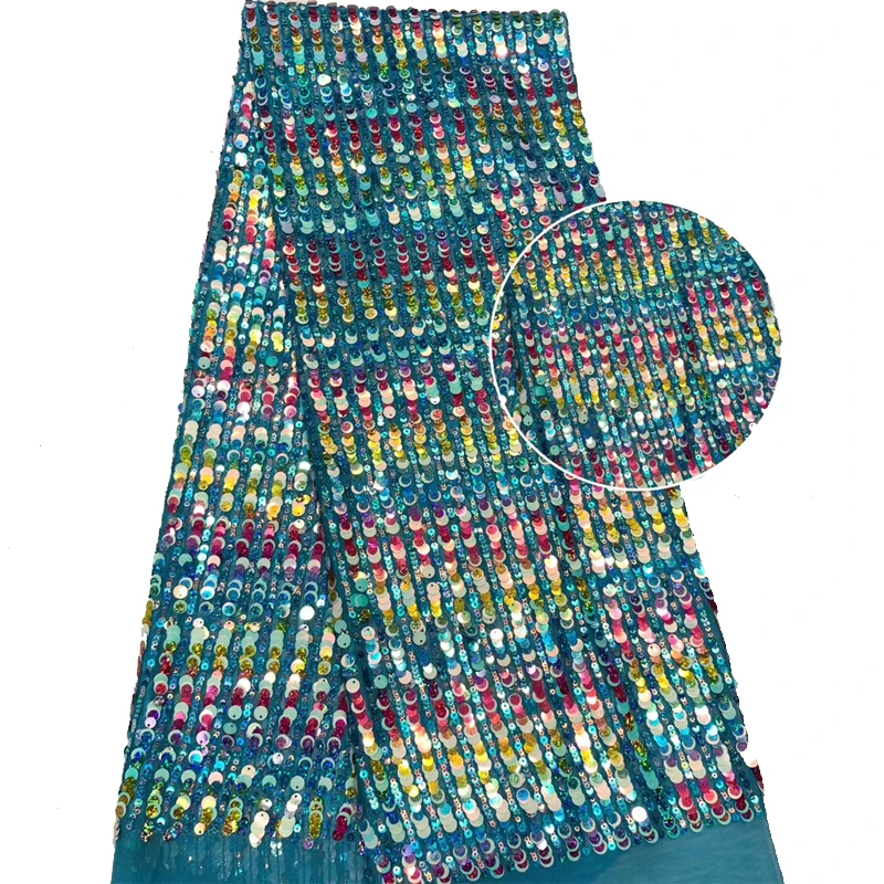 

African Lace Fabric 5 Yards Embroidered Colorful With Beads Sequins Polyester Fabric Tulle Voile Sexy Casual For Dresses