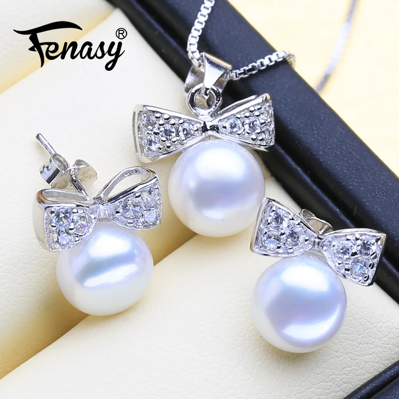 FENASY 925 пробы, серебряные жемчужные Ювелирные наборы, серьги-гвоздики из натурального жемчуга для женщин, романтическое ожерелье с кулоном в виде банта