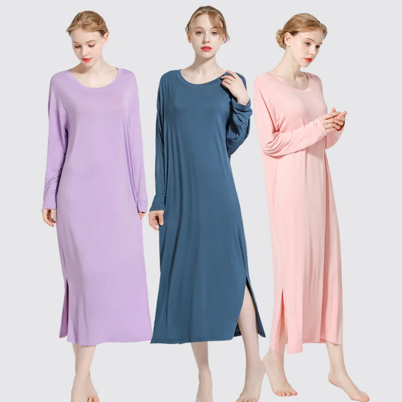 

Spring and Summer new solid color stitching modal nightdress loose slimming long sleeve home wear for women nightgown sleepdress