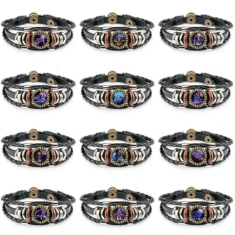 Винтажный кожаный браслет ручной работы для женщин и мужчин 12 знаков зодиака