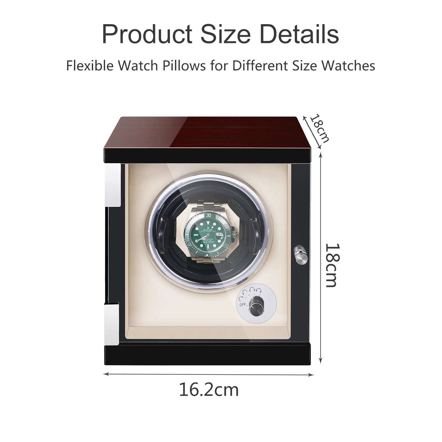 Ebony Baking Finish Watch Winder with Quiet Motors 1+0 Storage PU Leather Vertical knob + LED Light + Cover Opening Self Stop