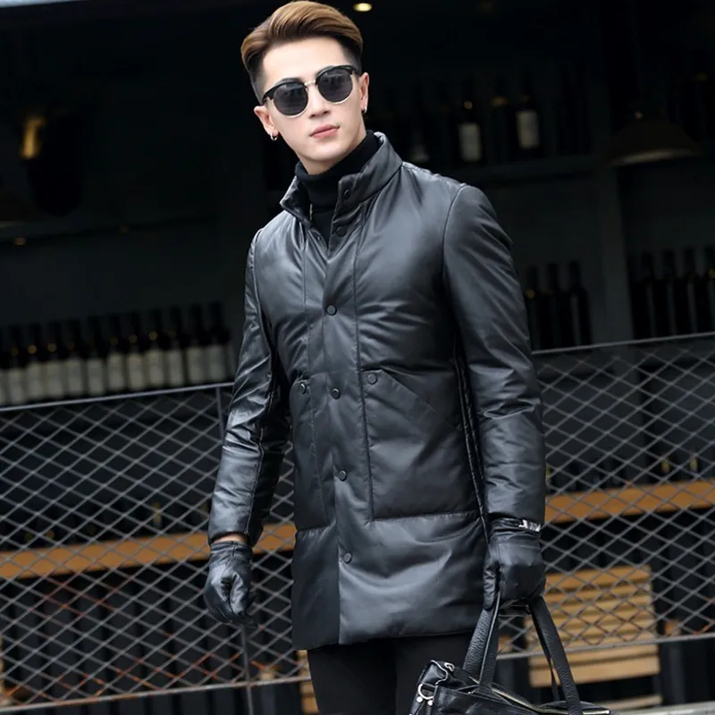 Зимнее теплое однобортное пальто со стоячим воротником мужские средней длины