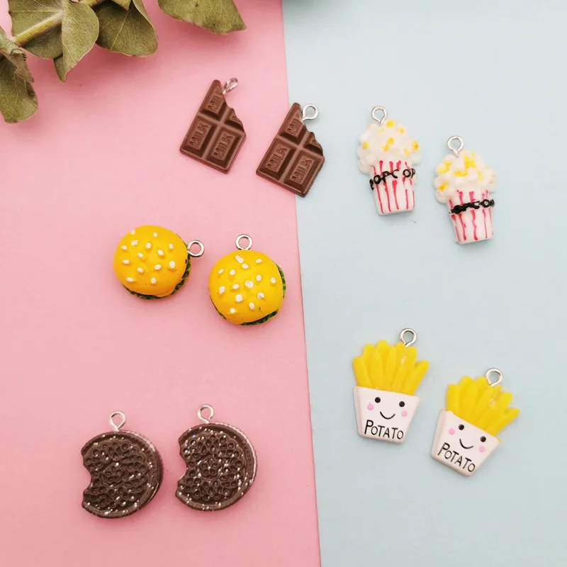 

10pcs DIY Resin Hamburger Biscuit Popcorn Chocolate Charms 3D Simulated Food Pendants Craft Decoration Charms For jewelry Making