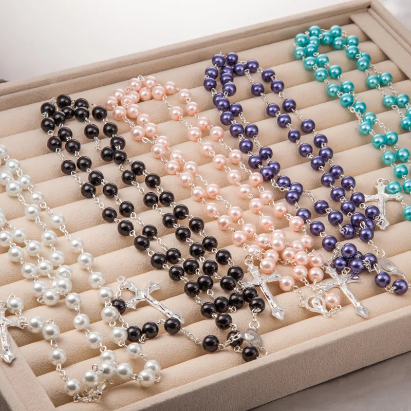 Крест очарование Бог христианский Розарий Ожерелье Имитация Жемчуга крест