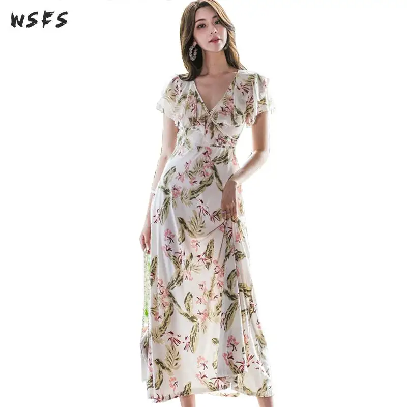 Летнее платье с V-образным вырезом белые цветочные женские платья Бандажное