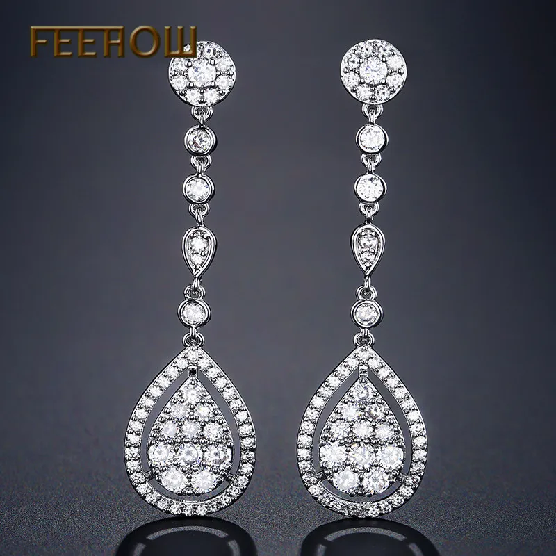 Женские длинные висячие серьги FEEHOW романтические с камнями из фианита для