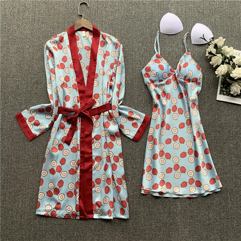

2020 Women Sexy Silk Robe Nightdress Set 2 Piece Pajama Set Satin Sling Spring Summer Robe Gown Set Sleepwear Bathrobe