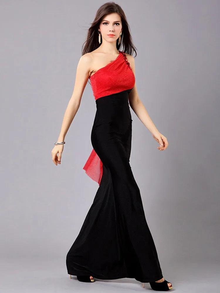 

Red and Black Crystal Sleeveless One-Shoulder Floor-Length Trumpet Satin Prom Party Dress vestidos de fiesta