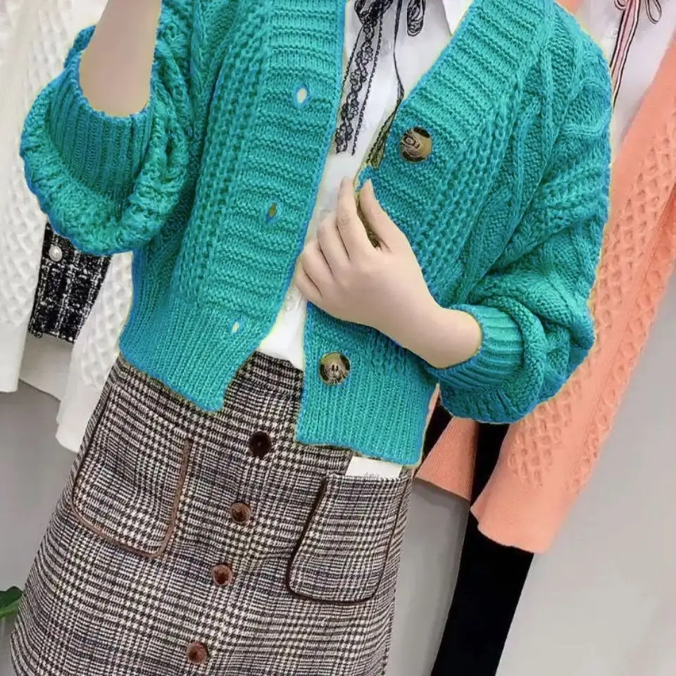 

Женский короткий кардиган с V-образным вырезом, однобортный трикотажный кардиган с длинным рукавом, C222, весна-осень 2021