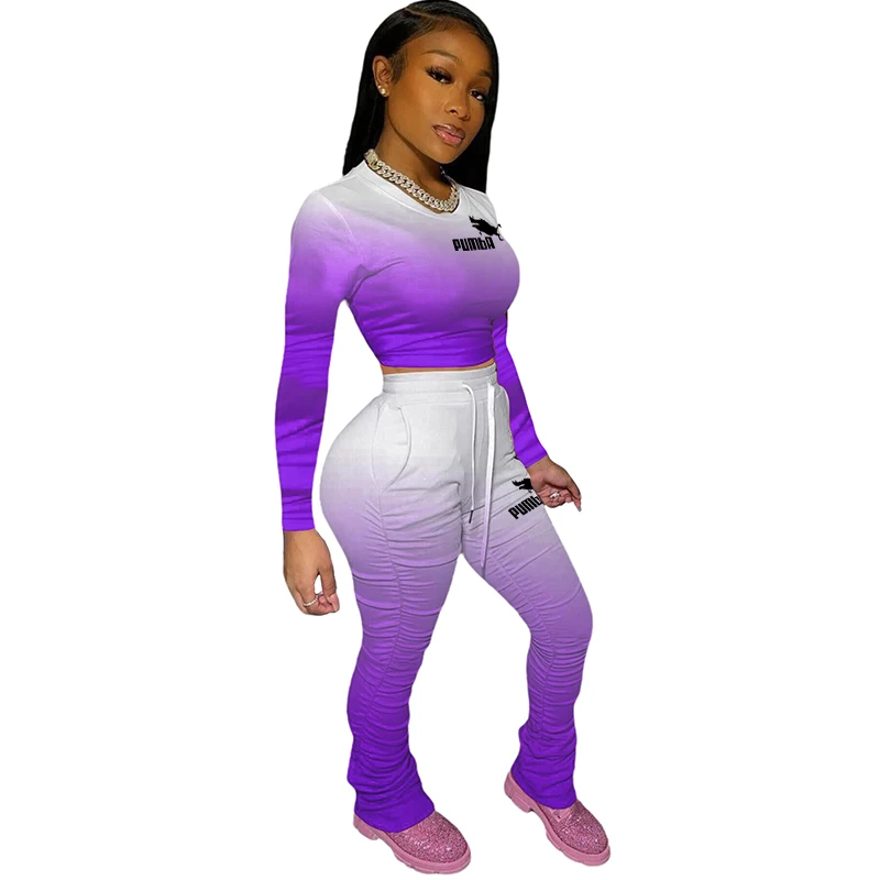 

Spring Women 2 Piece Tracksuit Gradient Color Outfit Set Stacked Bodycon Flare Pants Leggings Activewear Sports Running Suits