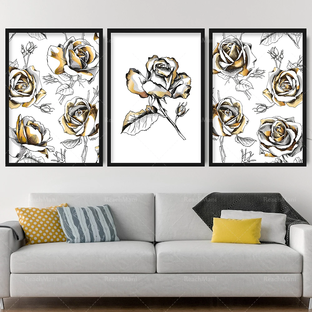 

Prints Black & Gold Floral Abstract Rose Flower Wall Art Print Picture Gallery Wall Poster Decor Gift