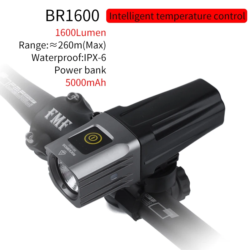 BR1600 ROCKBROS, 1800 люмен, велосипедный светильник, 3 светодиода, USB, перезаряжаемый, велосипедный головной светильник, водонепроницаемая лампа, светильник-вспышка, 5200 мА/ч, Аксессуары для велосипеда - Цвет: BR1600