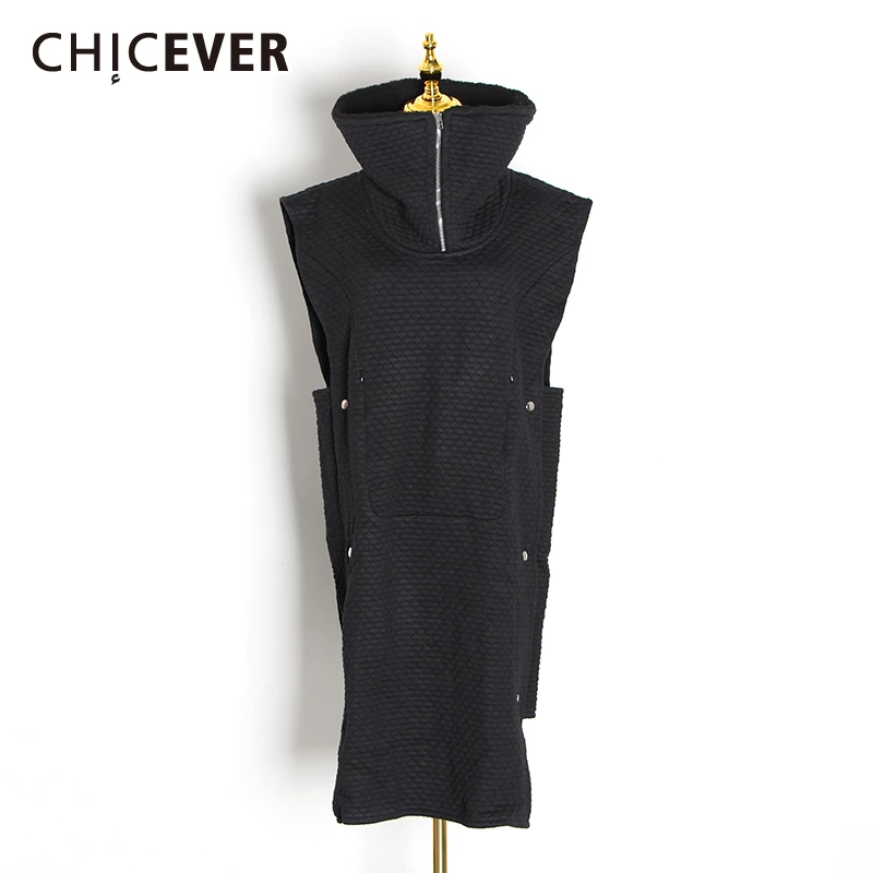 CHICEVER винтажное черное клетчатое платье для женщин стоячий воротник без рукавов