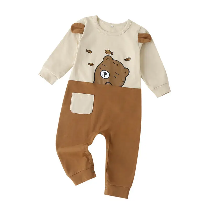 

Baby Long Sleeve Print One-piece Round Neck Bear Ear Decoration Pocket Warm Clothes Autumn and Winter Fashion Girl Boy Romper
