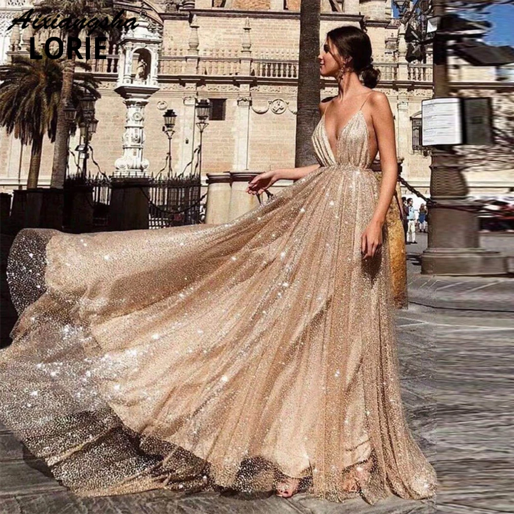LORIE блестящее длинное платье выпускного вечера 2020 без рукавов Спагетти ремень V