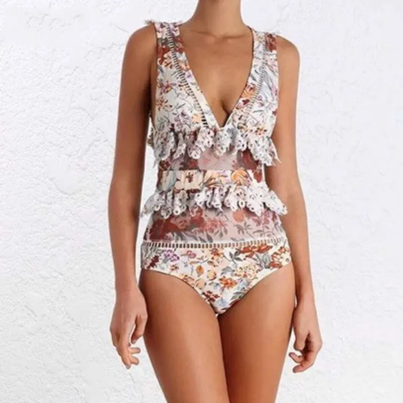 Женское боди с v образным вырезом оборками и цветочным принтом высокой талией R722