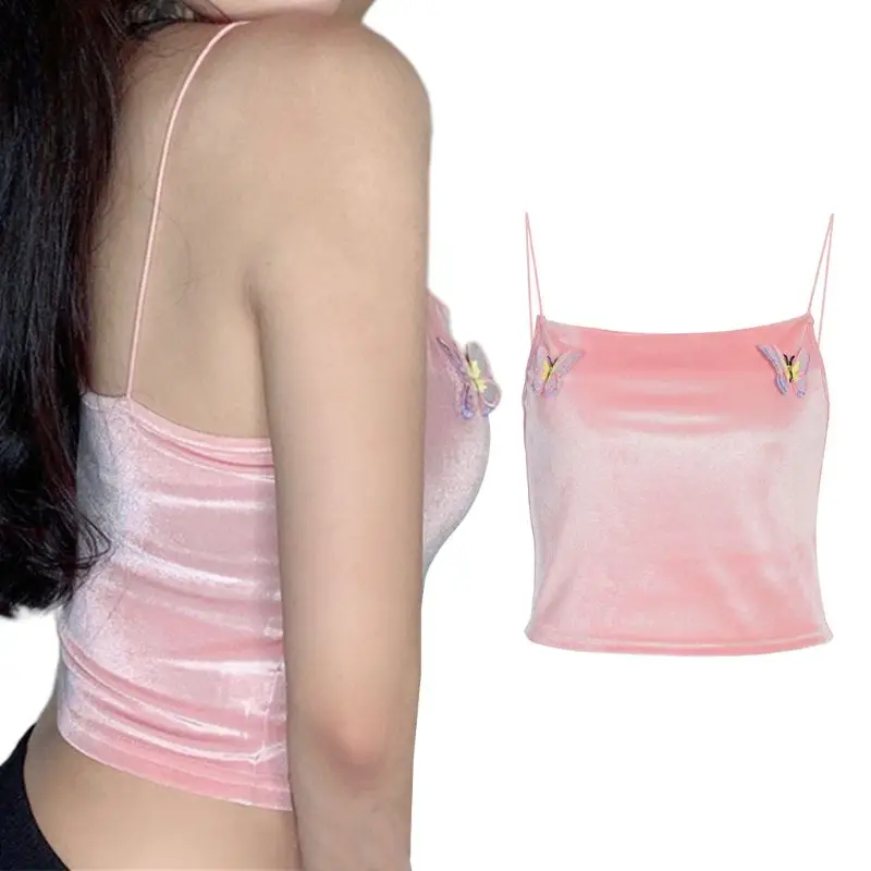 Женский Готический укороченный топ на бретельках с объемной вышивкой бабочки