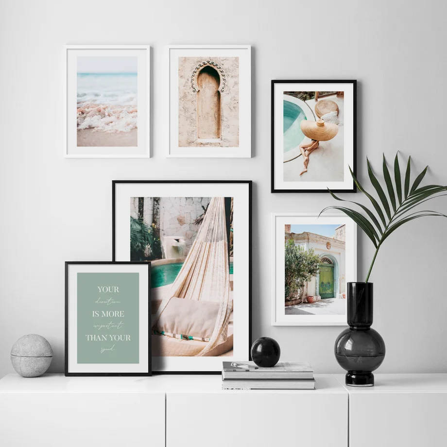 

Morocco Door Hammock Pool Girl Beach Waves Wall Art Prints Paper Canvas Painting Nordic Poster Decor Pictures For Living Room