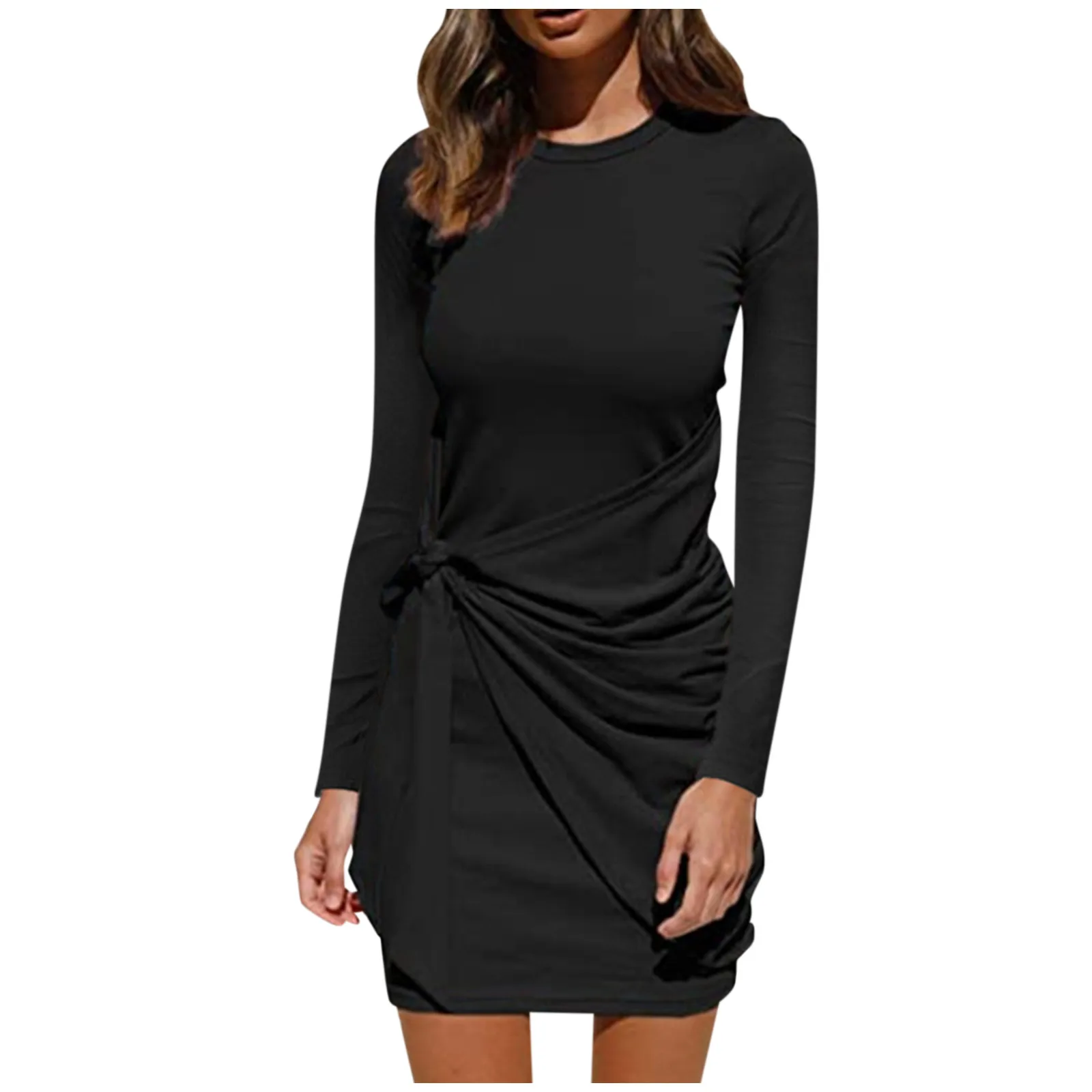 

Women's Sexy Dress Long Lantern Sleeve Knit Slim Ruched Tie Waist Sweater Bodycon Dress Elegant Dresses For Women Платье Женское