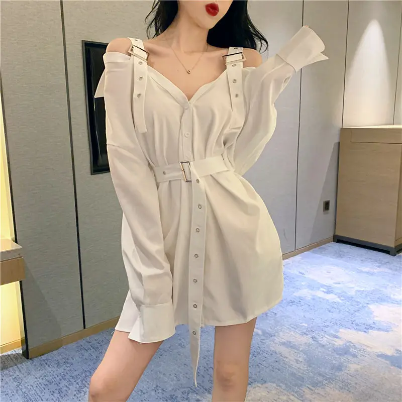 Пикантная рубашка средней длины с открытыми плечами и поясом свободная топ