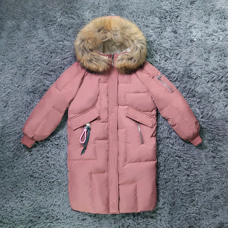 2019 длинный пуховик Женская парка натуральный мех енота толстый теплый женский