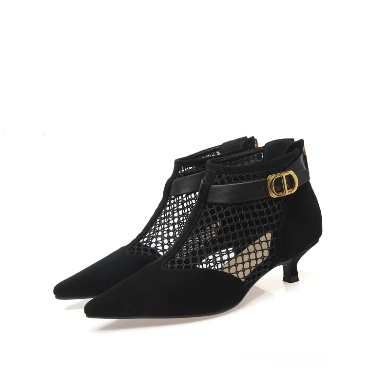 

New Fashion Hollow Out Pointed Genuine Leathe Large Size Shoes 34-43 Ankle Boots Low Heel Summer Mesh Women Sandal Booties