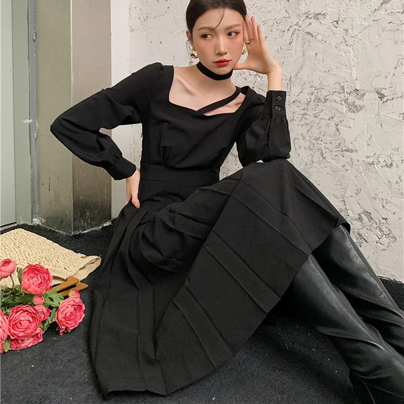 

Ladies Black French Style Vintage Spliced Designed Dress Female Spring Square Collar Dresses Women Hollow Out New Vestidos ML225