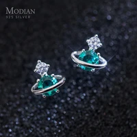modian exquisite planet stud earrings for girl green crystal ear studs 925 sterling silver anti allergy jewelry for kids women