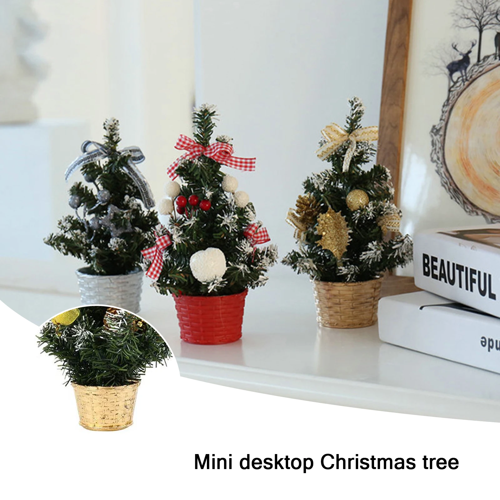 

Mini Christmas Tree Ball Bowknot Pine Cone Flowers Ornament Artificial Tabletop Xmas Decoration Golden 30cm Figurines Miniatures