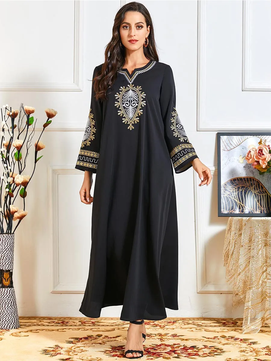 

Long Skirt Black Urban Leisure Industry Embroidery Long Sleeve Maxi Dresses Turkey Islamic Elegant Mosaic Dress Abaya Turkey Set