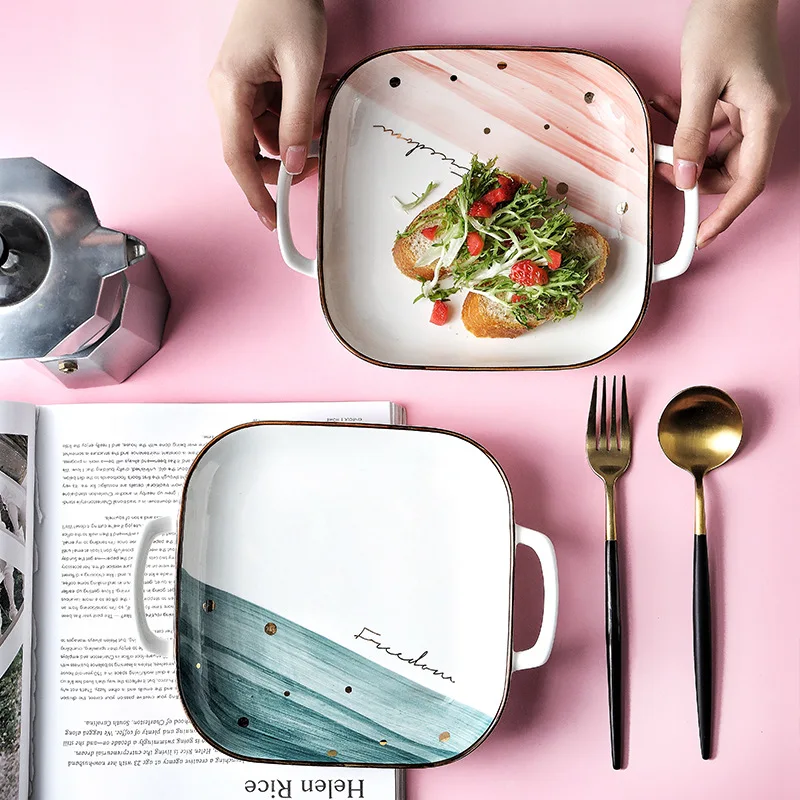 Северный золотой край квадратная керамическая тарелка Двойные Уши термостойкая