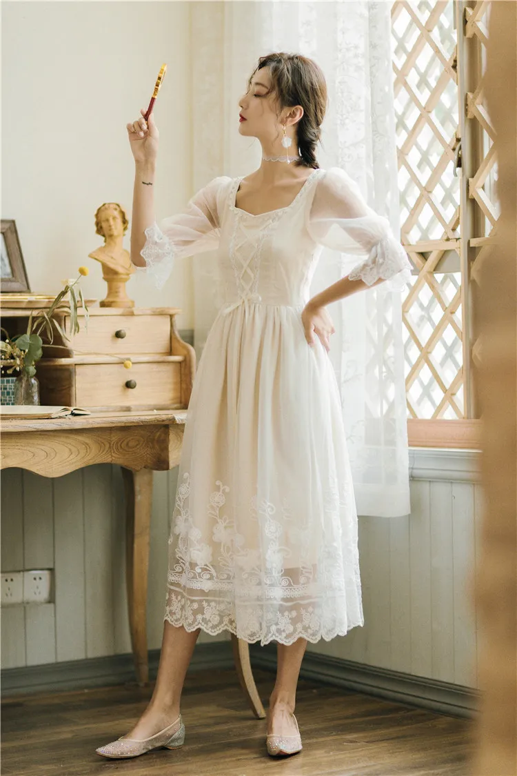 

Dress for Women 2021 Summer New Fairy High Waist Princess French Style Girl Dress Square Collar Sweet Temperament Elegant Dress