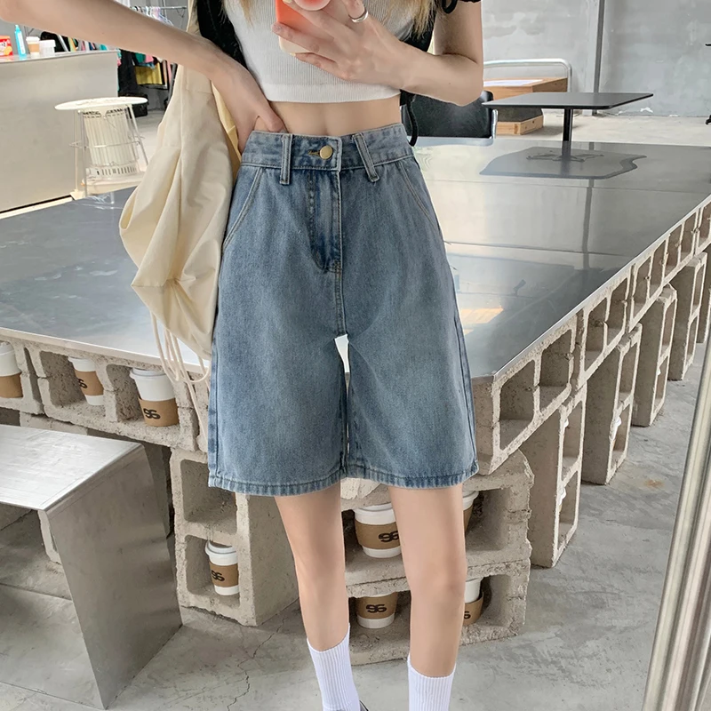 

Summer Women High Waist Wide Leg Retro Blue Denim Shorts Classic Streetwear Loose Female Straight Ladies Jeans Shorts