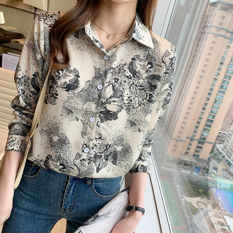2022 Spring New Fashion Korean Ink Printing Long Sleeve Women's Top Trend Satin Chiffon Girl Temperament Thin Shirt Polo Collar