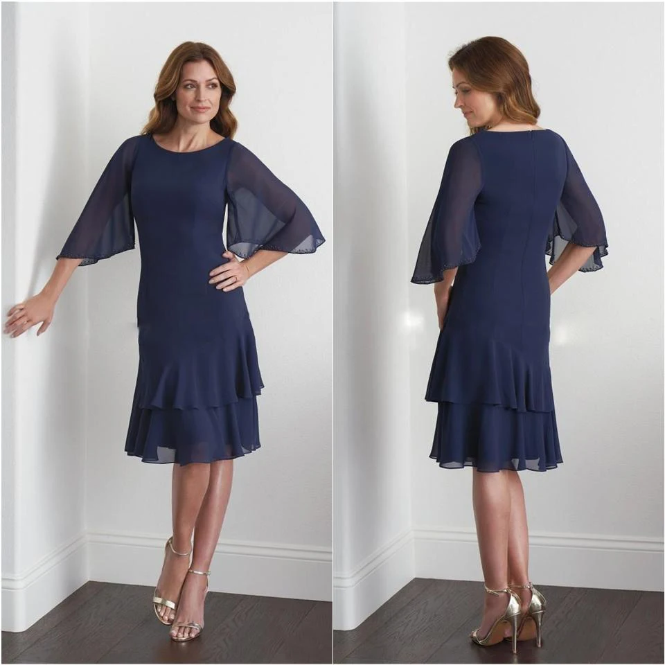 Сдержанные темно-синие шифоновые платья для матери невесты до колен Короткое
