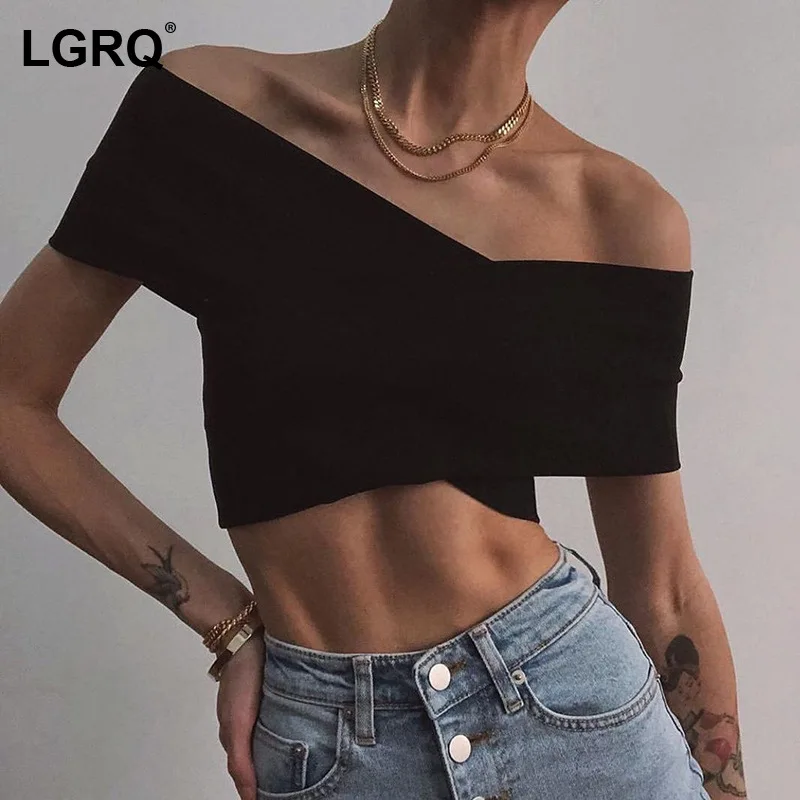 

[LGRQ] Women black cross sexy sheath short Tank Tops New slash collar Sleeveless Personality Fashion Spring Summer 2021 19D1391