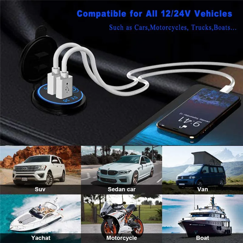 tkey qc 3 0 touch switch car dual usb charger socket waterproof universal mobile phone truck charging tablet charge for iphone free global shipping
