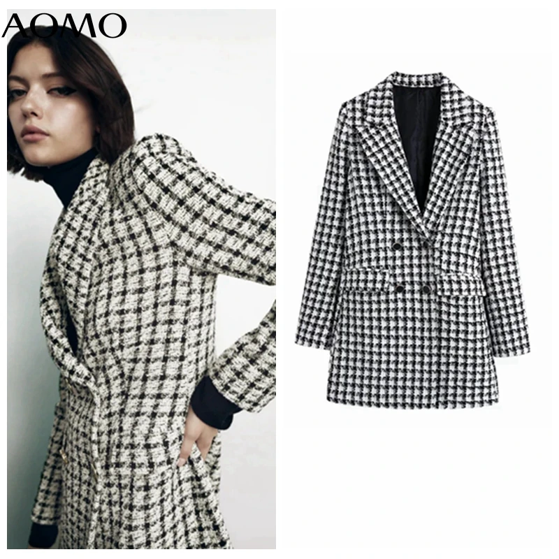 

Женский винтажный клетчатый твидовый Блейзер AOMO, элегантный пиджак с длинным рукавом, женская одежда для работы, деловые костюмы BE728A