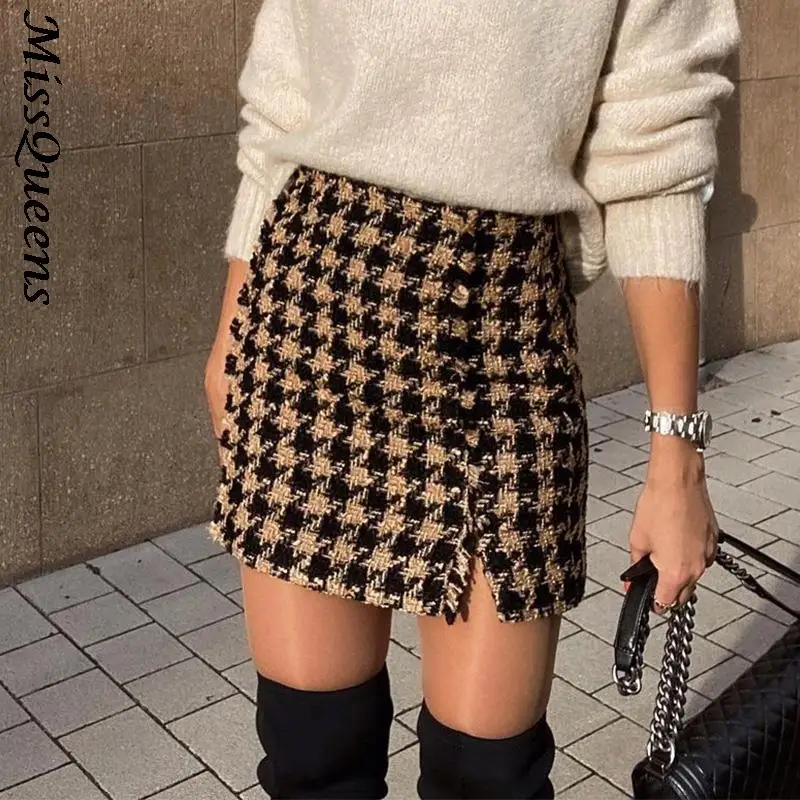 Women Chic Fashion Front Slit Tweed Mini Skirt Vintage High Waist Side Zipper Female Skirts Houndstooth Pencil | Женская одежда