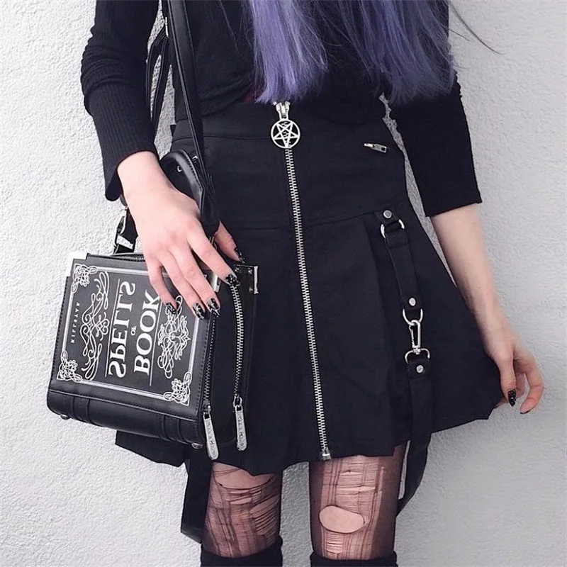 

High Waist Mini Black Skirts Gothic Streetwear Cross Print Pleated Women Skirts Casual College Harajuku Skirt Suspender skirt
