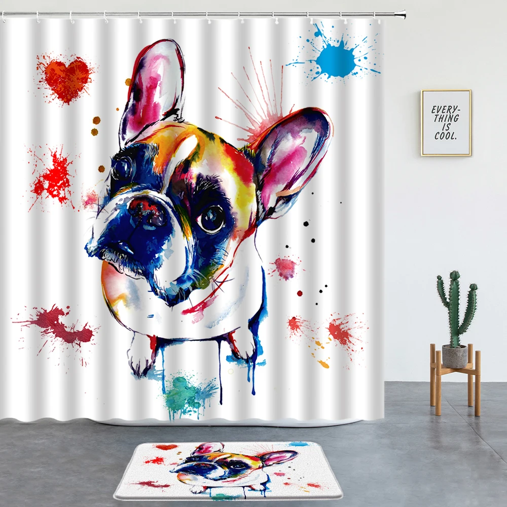 

Cartoon Animal Bulldog Print Shower Curtains Set Bath Mat Cute Watercolor Dog Bathroom Decoration Non-slip Rug Entrance Door Mat