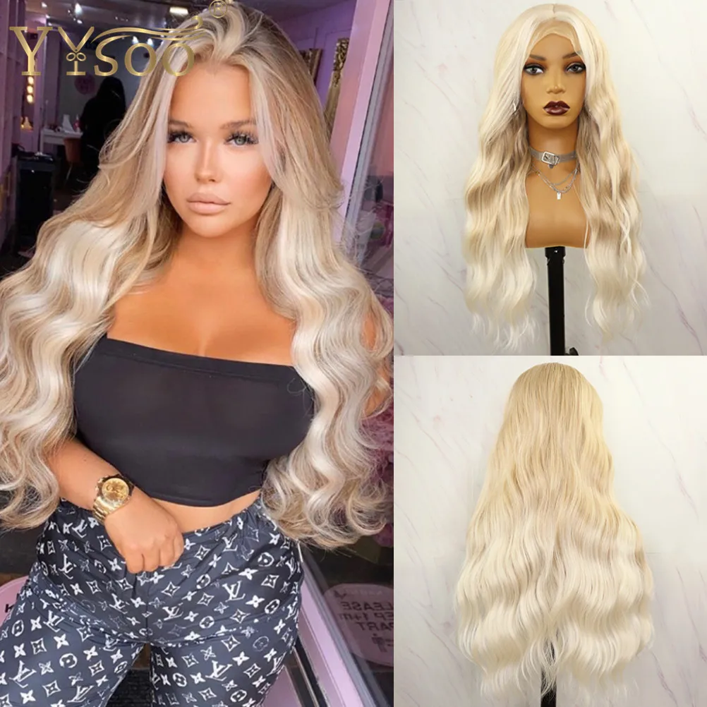 YYsoo Long 13x4 Futura Hair Baylayage Color Synthetic Lace Front Wigs Japan Fiber 60/103# Blonde Highlight Replacement Women Wig