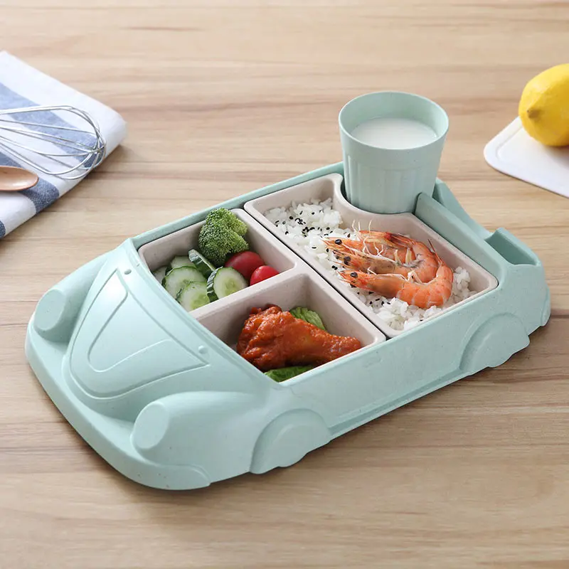 

Creative Cartoon Car Plate Baby Dishes Set Bamboo Fiber Plate+Cup Sub-grid Bowl Children's Gift Tableware Set Feeding Dishes