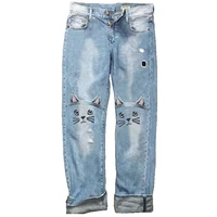 cat embroidered loose women jeans straight leg high waist irregular denim female mom jeans wide leg streetwear ladies trousers