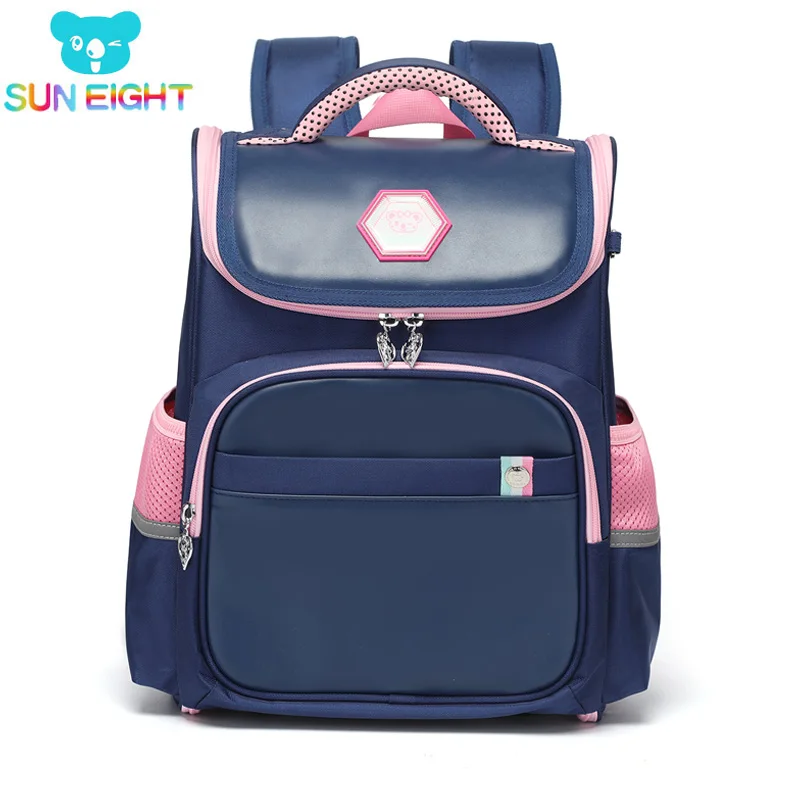 

SUN EIGHT Orthopedic Back School Bags for Girls PU Children Backpack 3D Zippers Backpacks Waterproof Kids Bag