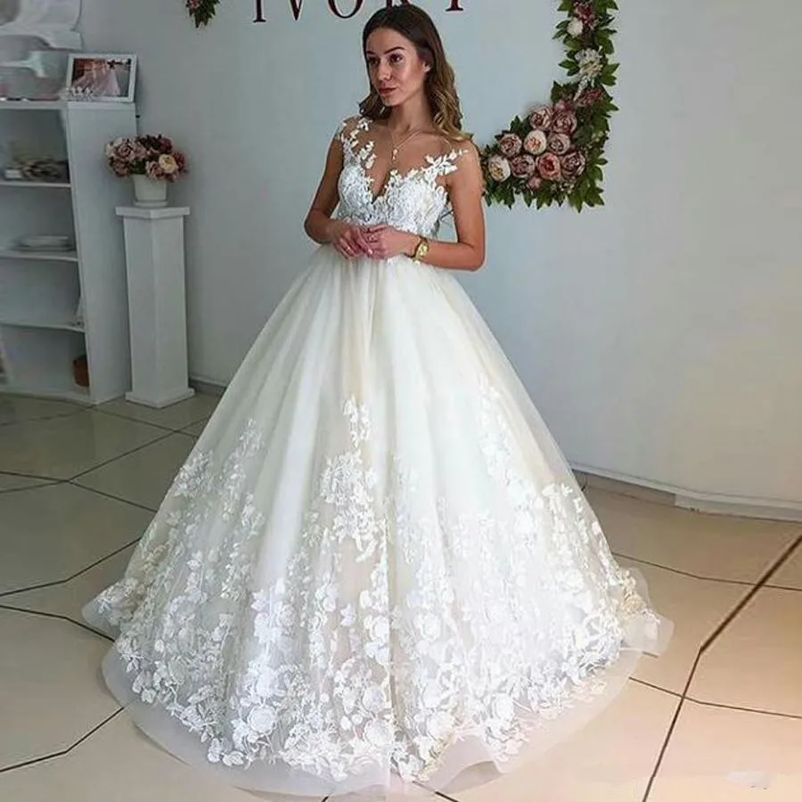 

White/Ivory Lace Wedding Dresses For 2020 Sleeveless Appliques Robe De Mariée Top Sheer Neckline Floor Length Bridal Dress Gowns