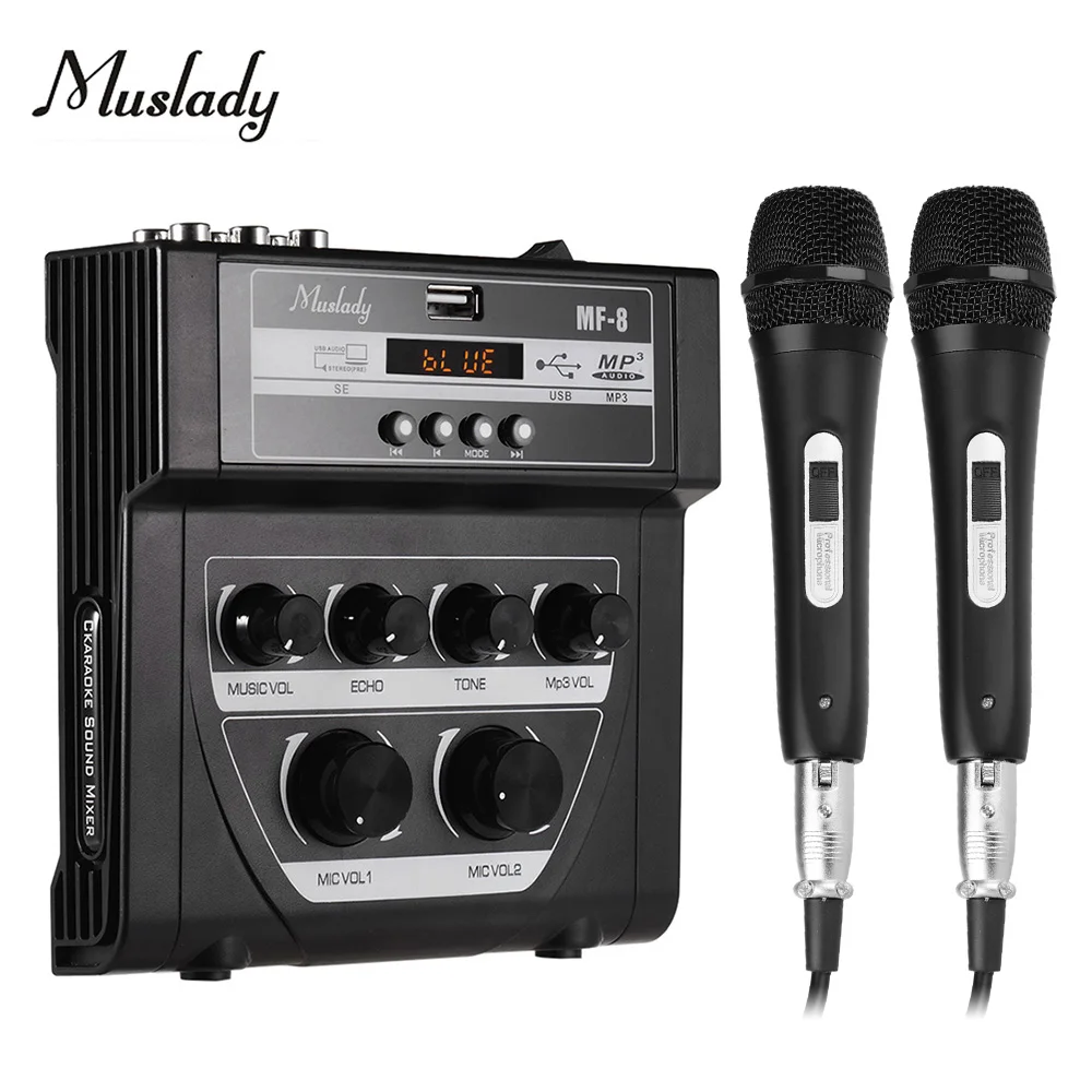 

Muslady MF-8 Mini Sound Audio Mixer Stereo Echo Mixers Dual Mic Inputs Support BT Recording with 2 Set Wired Handheld Microphone