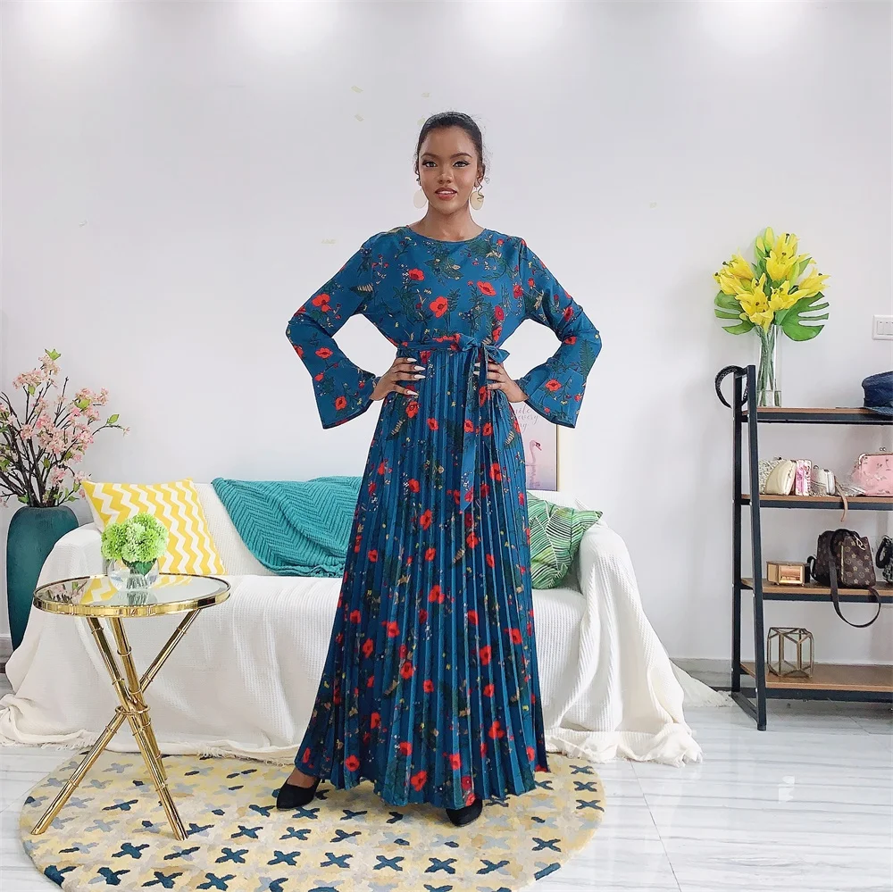 

Женское длинное платье с цветочным принтом, элегантное Плиссированное Платье макси с длинным рукавом и рюшами, Средний Восток, осень 2020