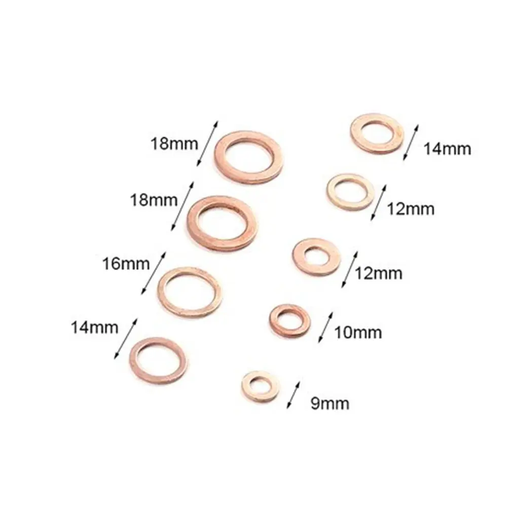 

200Pcs Solid Copper Washer M5-M14 Flat Ring Sump Plug Oil Seal Assorted Set Box